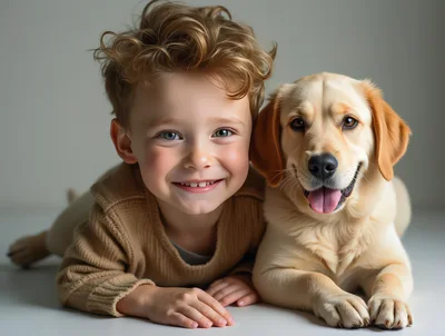 Happy Young Boy Lying Down With Golden Retriever Puppy