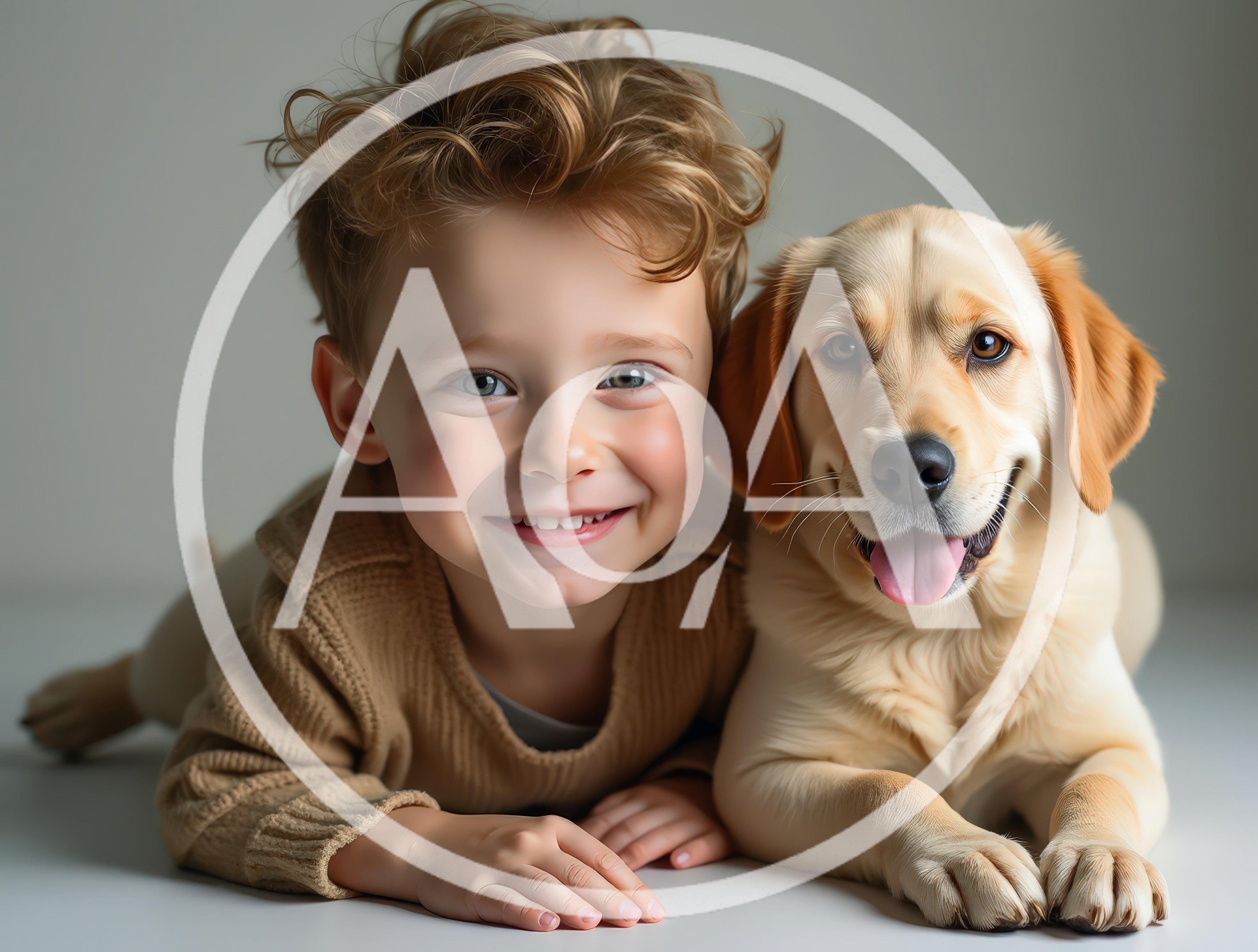 Happy Young Boy Lying Down With Golden Retriever Puppy