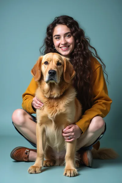 Young Woman Sitting With Her Golden Retriever Dog