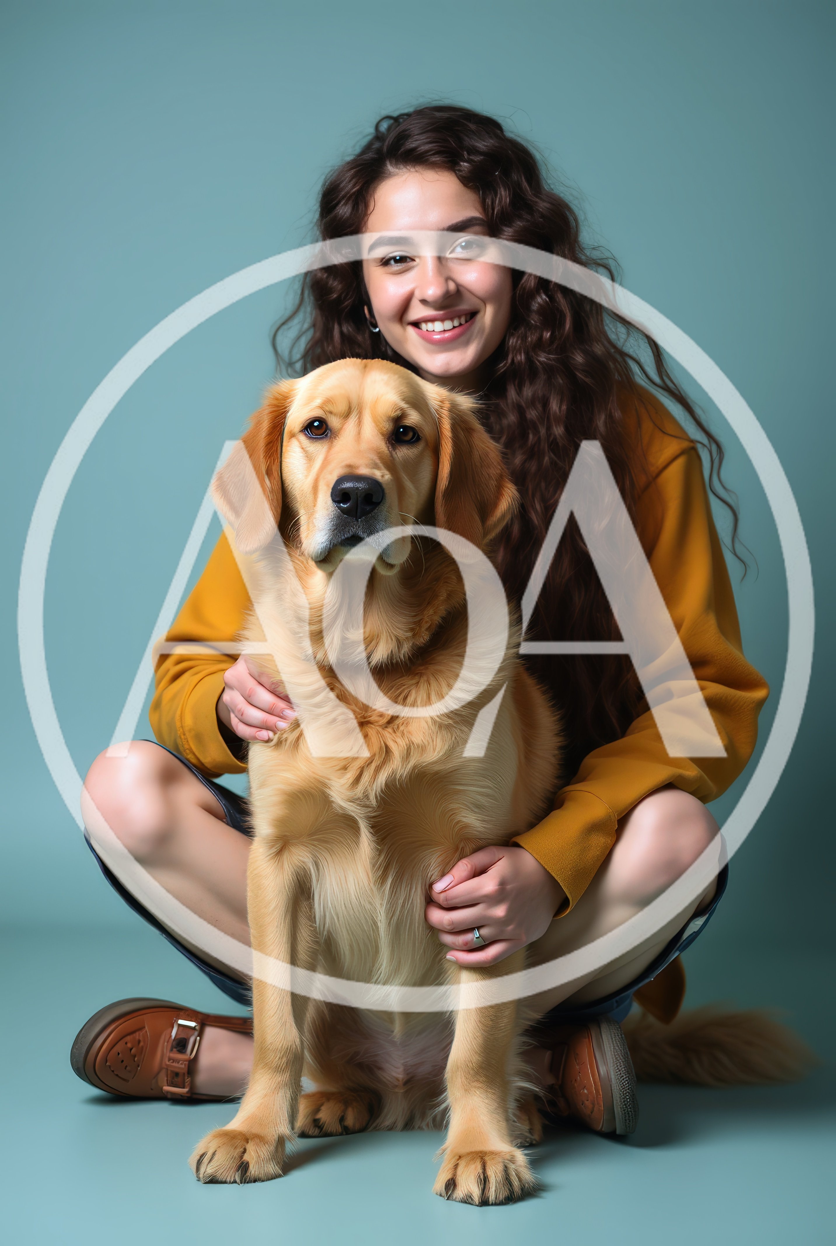 Young Woman Sitting With Her Golden Retriever Dog