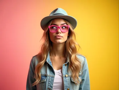 Young Woman Wearing Fedora and Pink Glasses