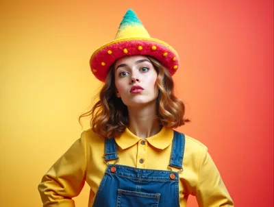Young Woman Wearing Colorful Party Hat and Denim Overalls