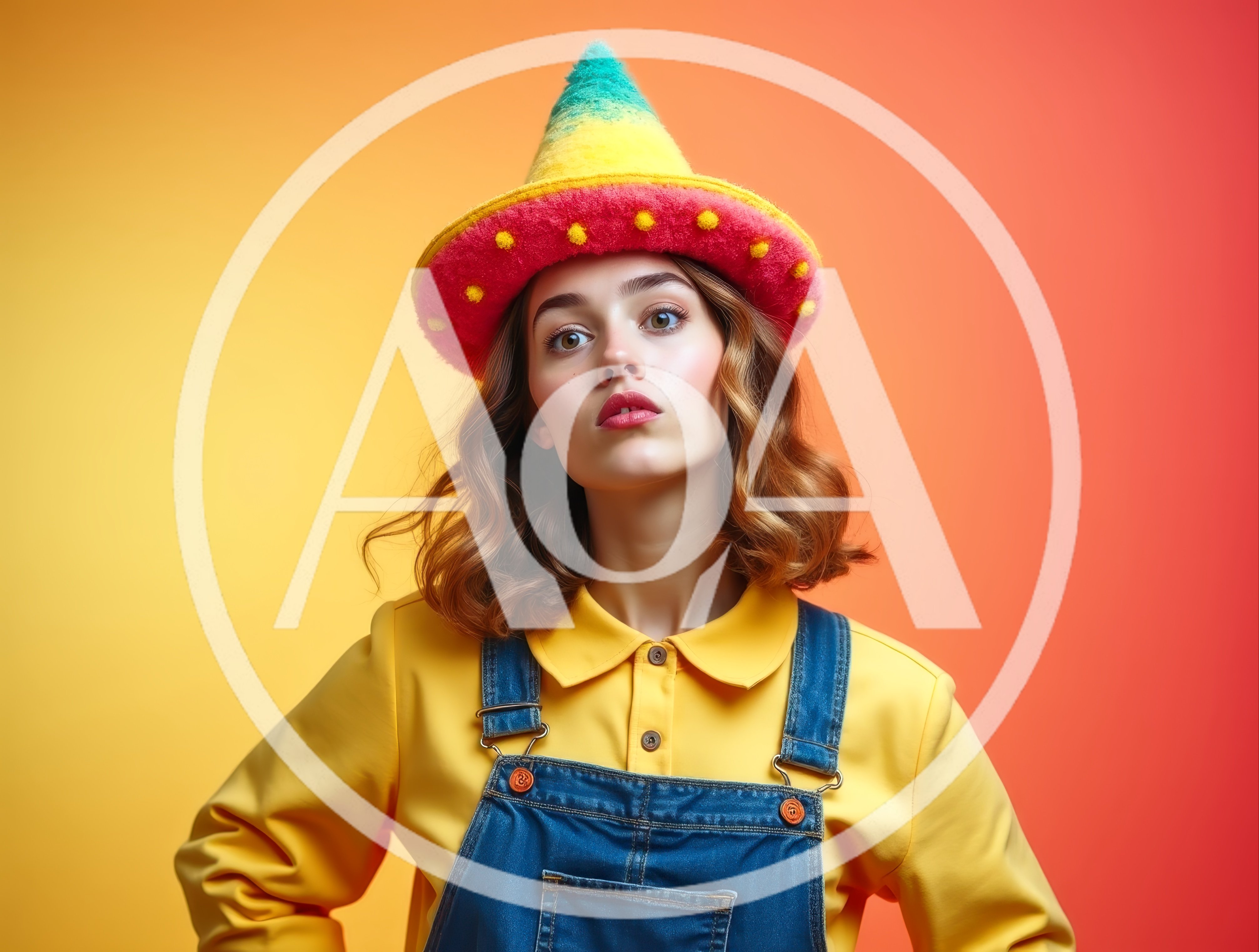Young Woman Wearing Colorful Party Hat and Denim Overalls