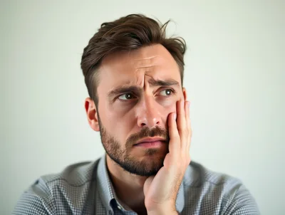 Stressed Man Touching His Face In Thought