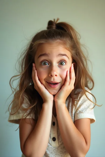 Surprised Young Girl With Hands On Cheeks