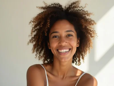 Portrait Of A Smiling Woman With Curly Hair