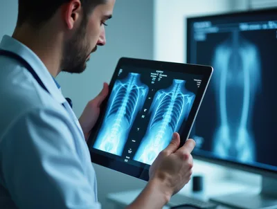 Doctor Examining Digital X-Ray Images On A Tablet