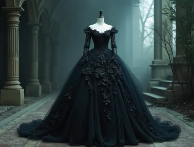 Black Gothic Ball Gown on Mannequin in Foggy Corridor