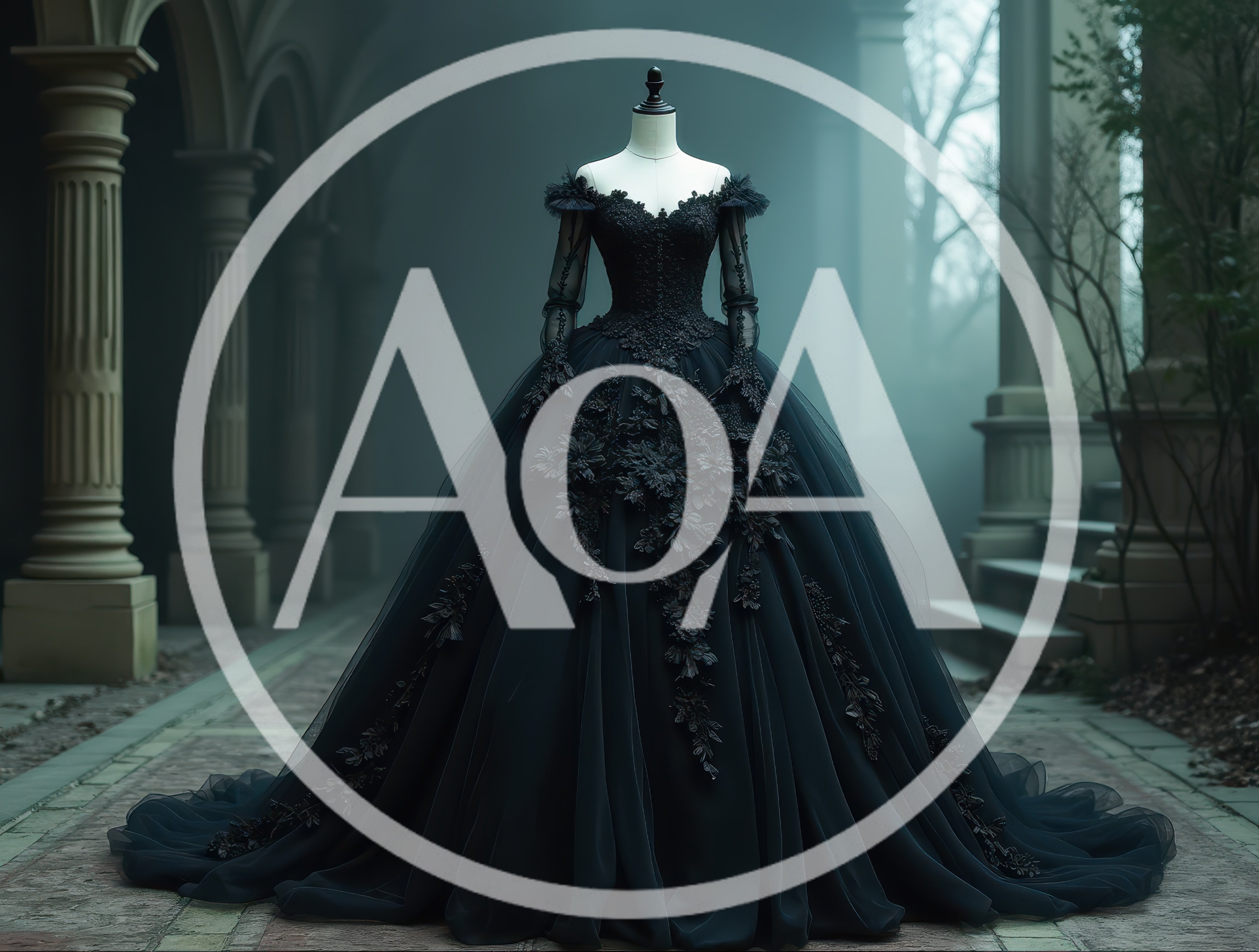 Black Gothic Ball Gown on Mannequin in Foggy Corridor