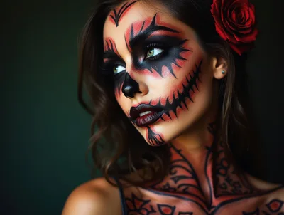 Woman With Artistic Halloween Skull Makeup And Red Rose