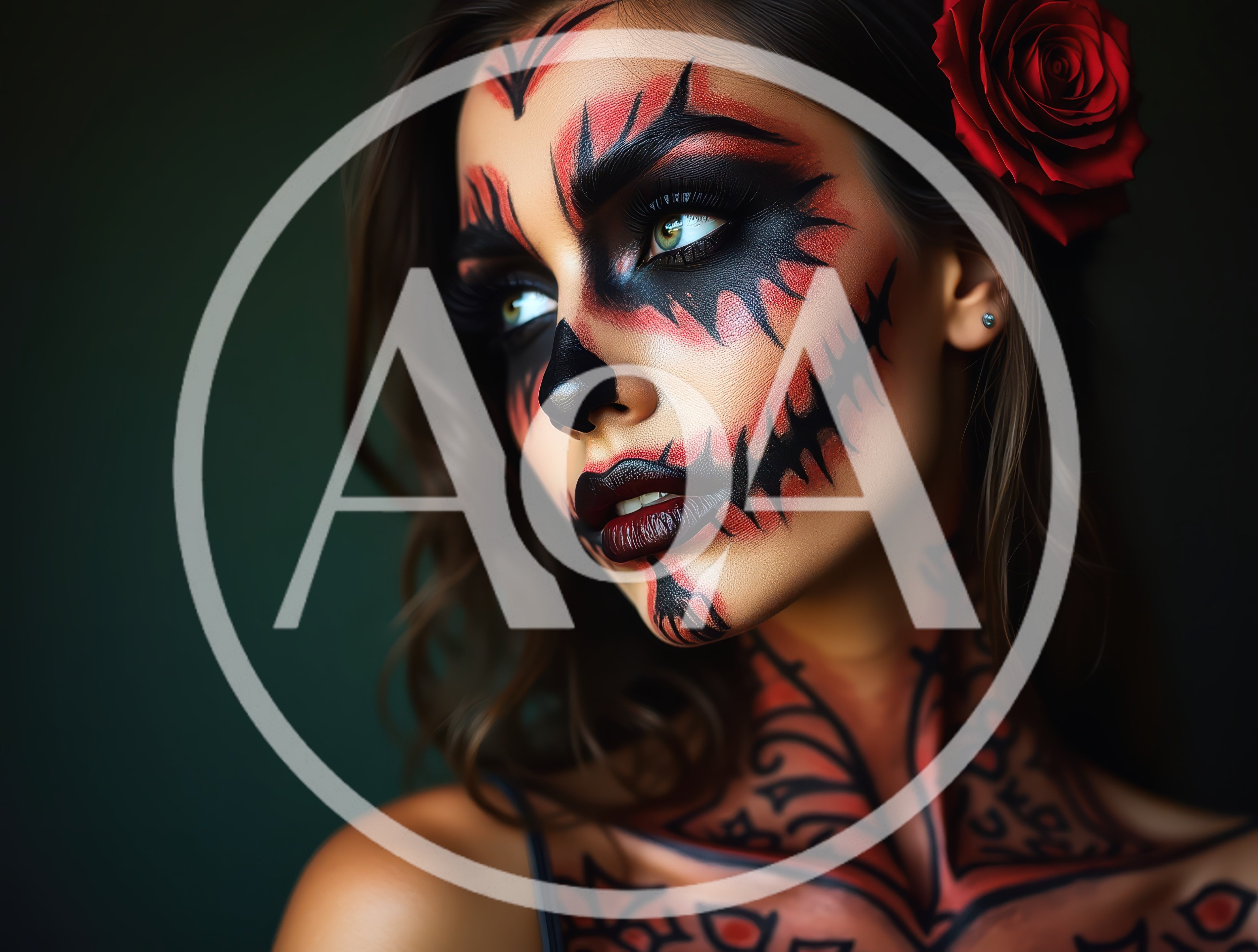 Woman With Artistic Halloween Skull Makeup And Red Rose