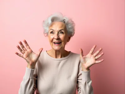 Surprised Senior Woman With Hands Raised