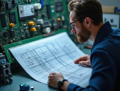 Engineer Examining Technical Circuit Schematics In Laboratory