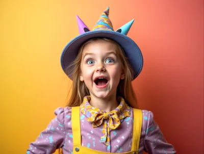 Surprised Young Girl Wearing A Colorful Party Hat