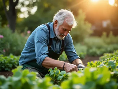 Senior Man Gardening In A Sunny Vegetable Patch
