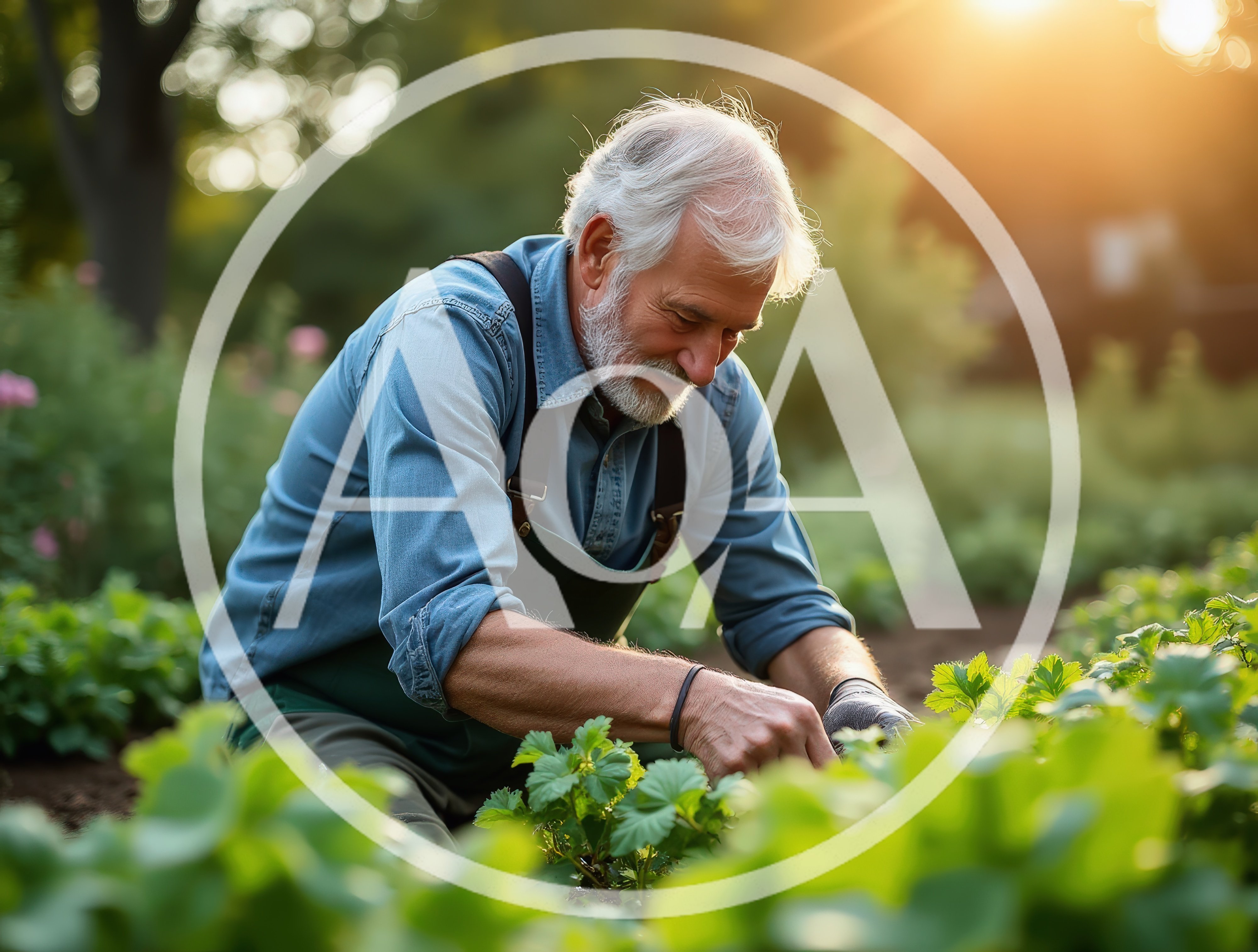 Senior Man Gardening In A Sunny Vegetable Patch