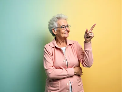 Senior Woman Pointing Upwards Against Colorful Background