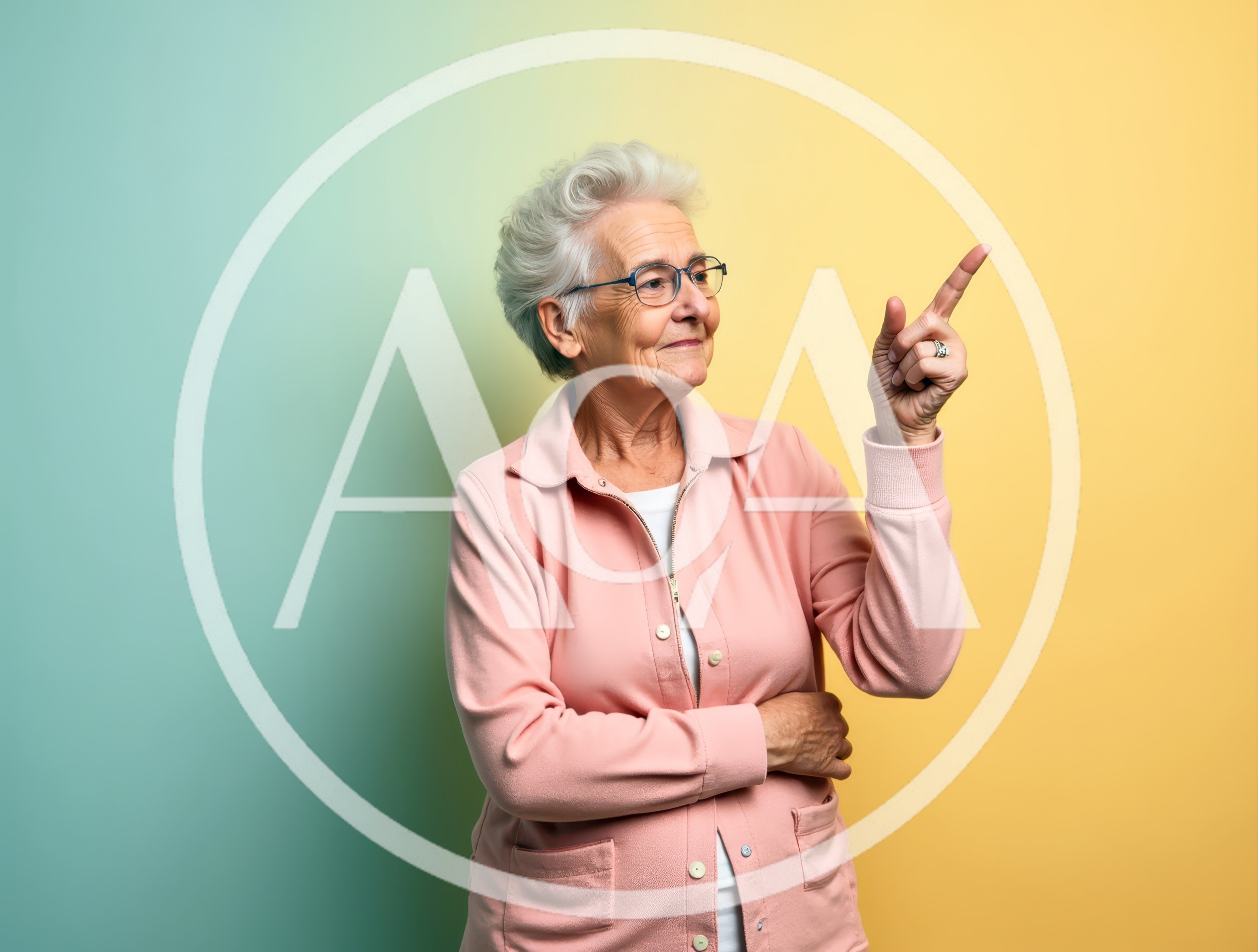 Senior Woman Pointing Upwards Against Colorful Background
