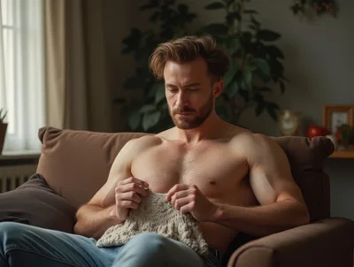 Shirtless Man Knitting While Sitting In An Armchair