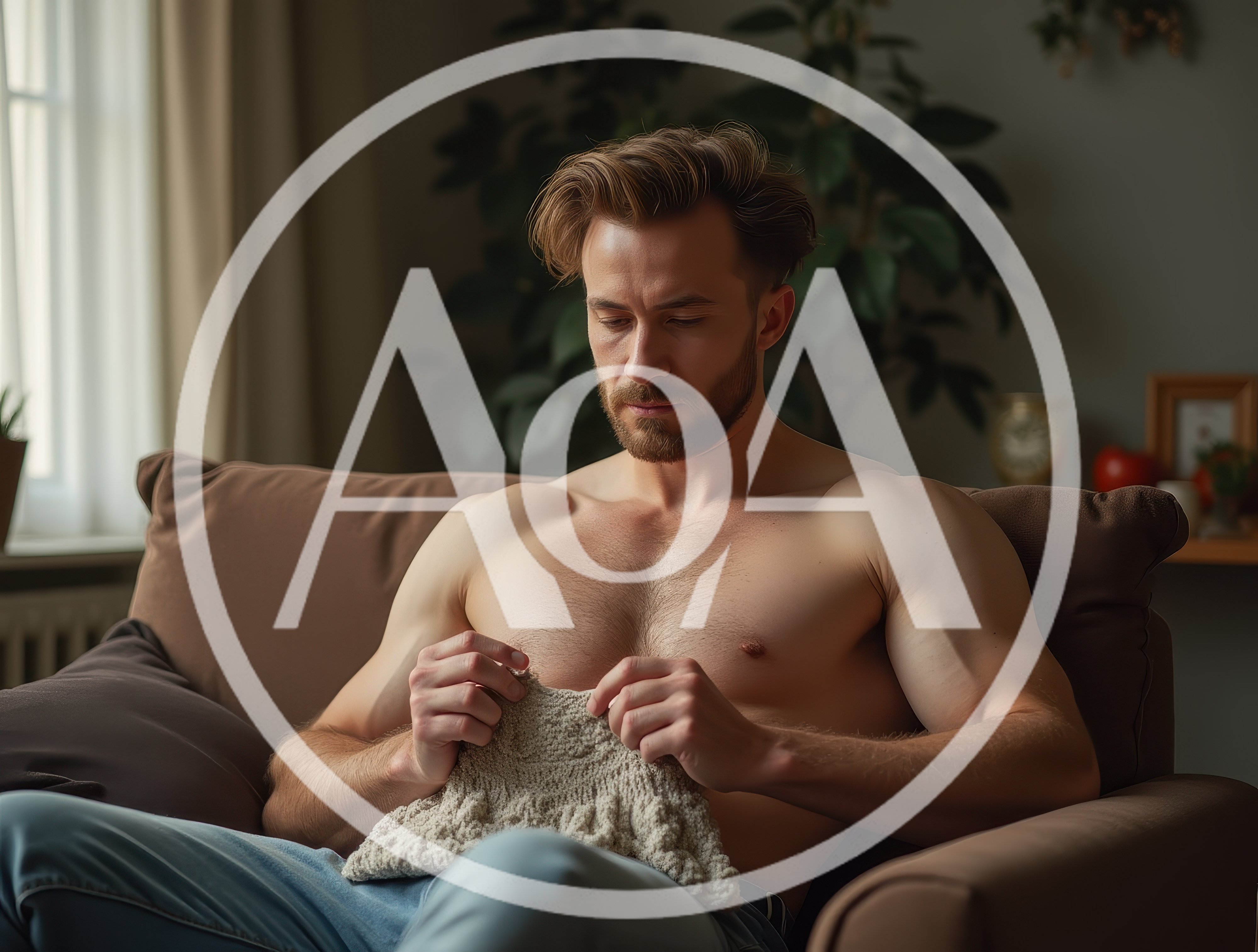 Shirtless Man Knitting While Sitting In An Armchair