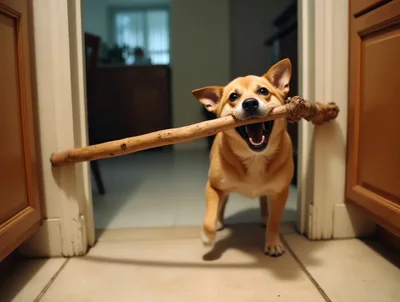Happy Dog Carrying A Large Stick Through A Doorway