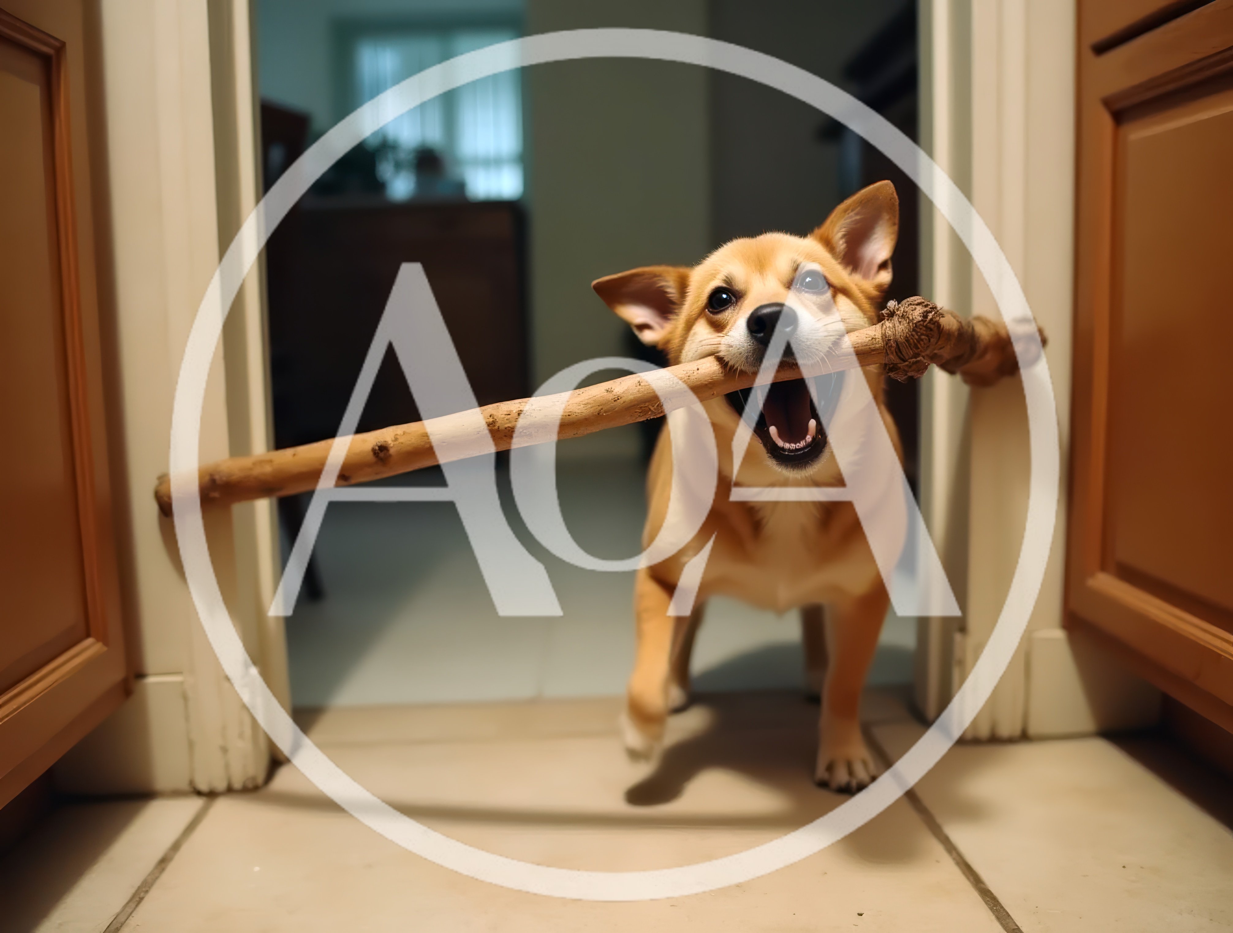 Happy Dog Carrying A Large Stick Through A Doorway