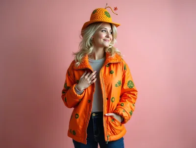 Young Woman Wearing Orange Patterned Jacket And Hat
