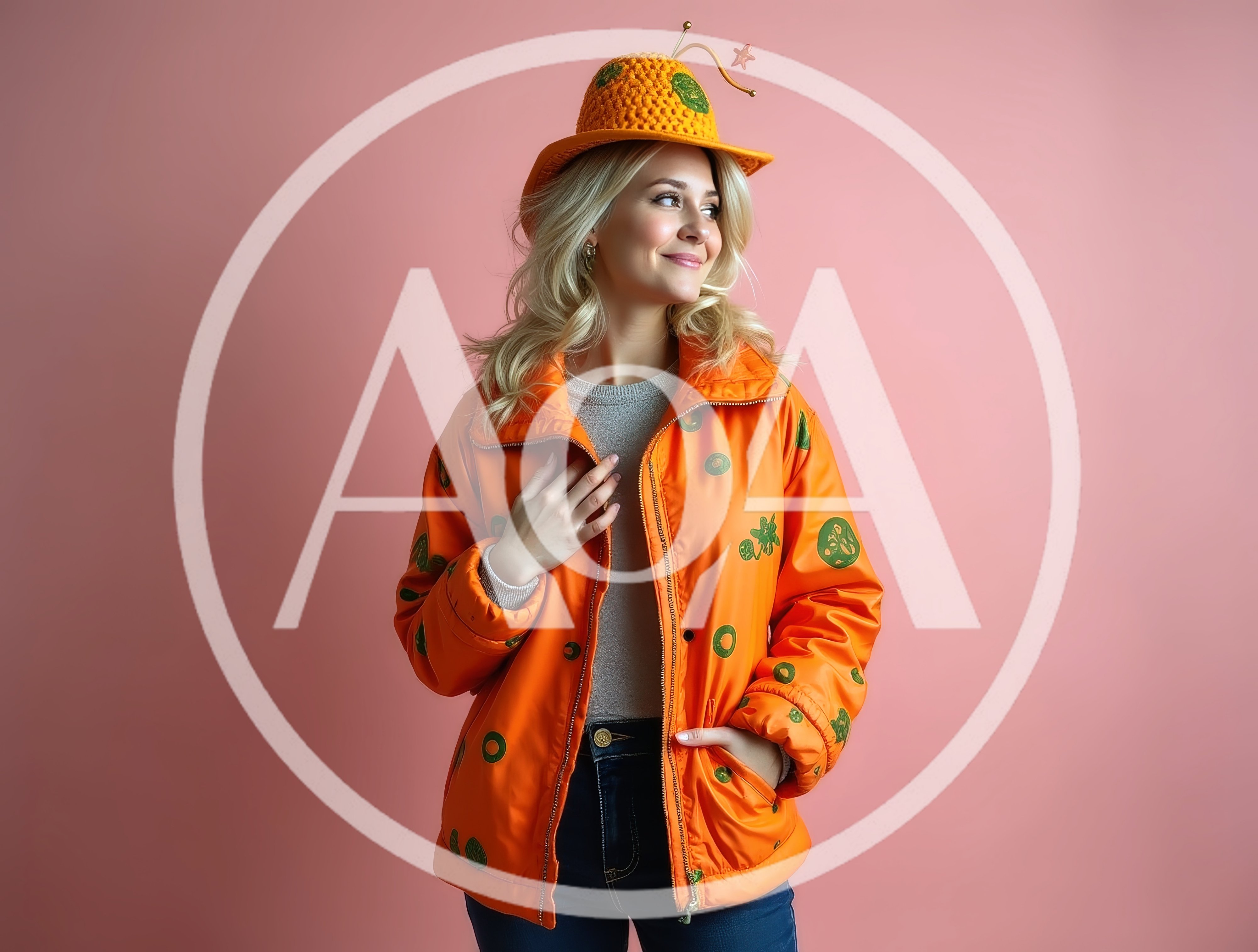 Young Woman Wearing Orange Patterned Jacket And Hat