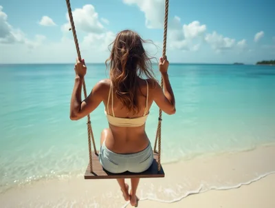 Woman Sitting On A Beach Swing Overlooking The Ocean