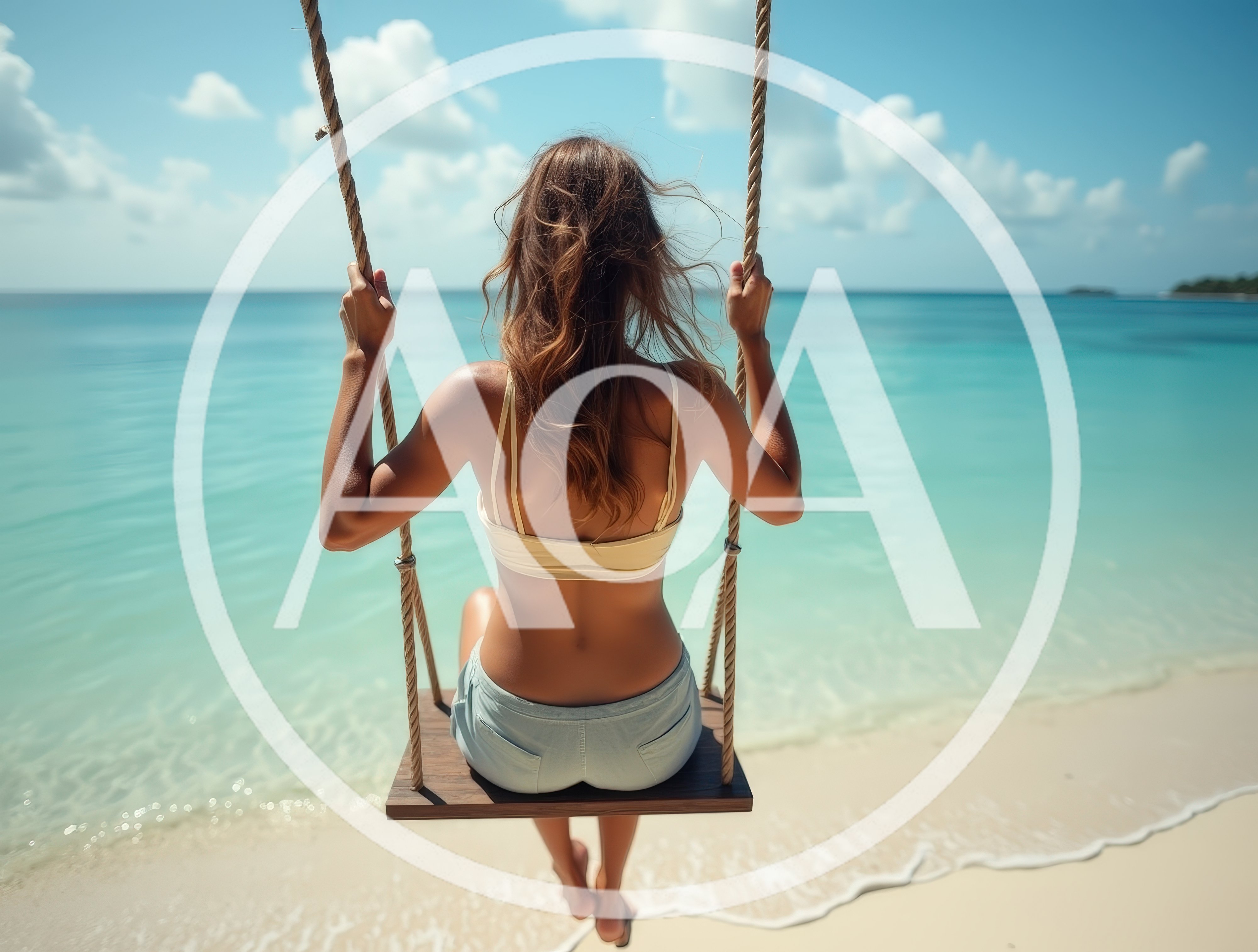 Woman Sitting On A Beach Swing Overlooking The Ocean