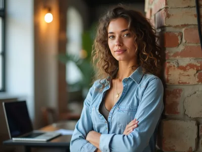 Young Woman With Curly Hair Leaning Against Brick Wall
