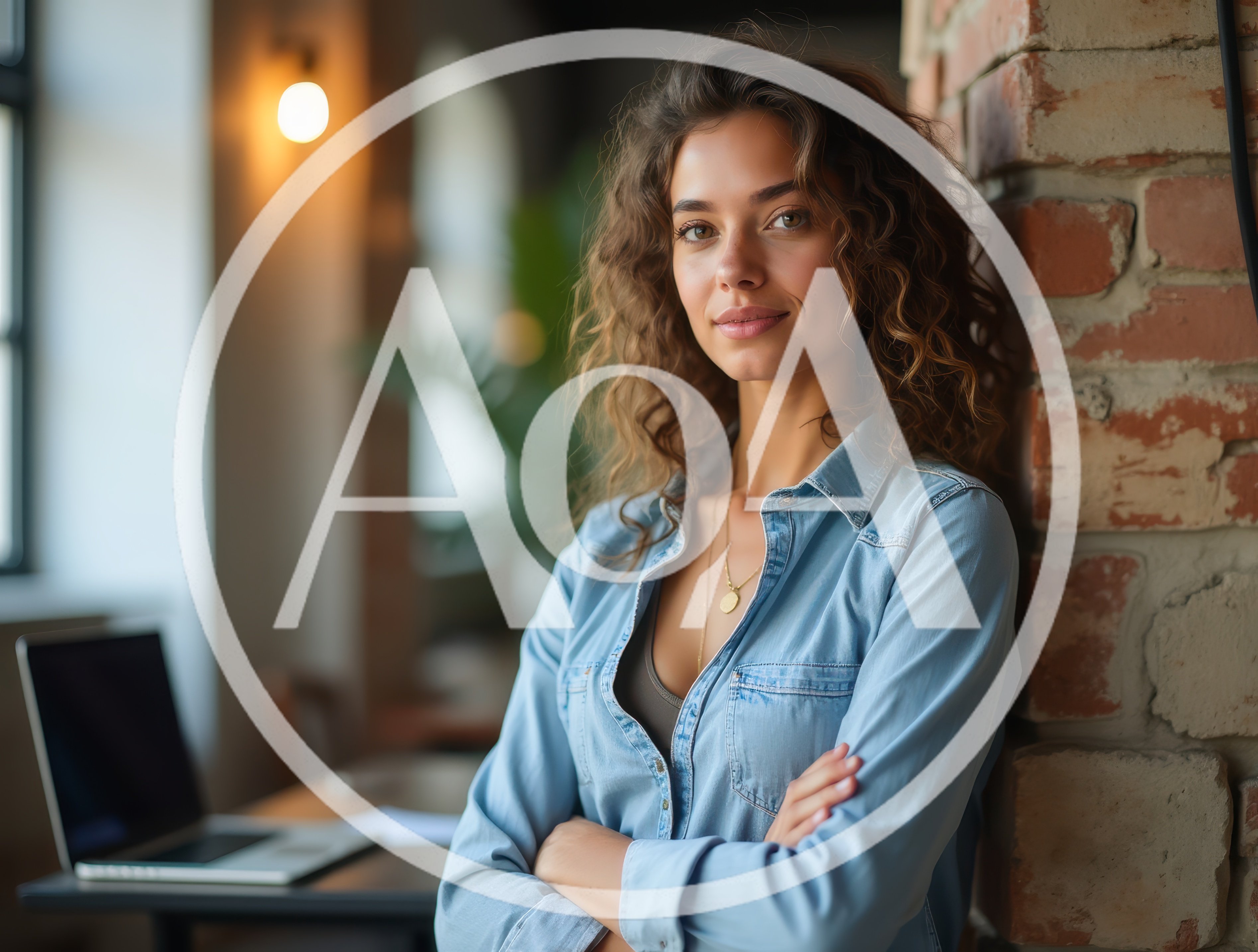 Young Woman With Curly Hair Leaning Against Brick Wall