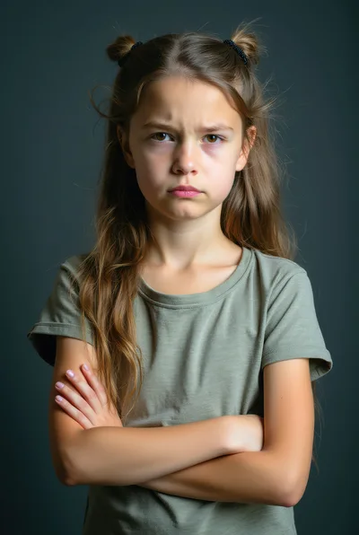 Portrait of an Angry Young Girl with Crossed Arms
