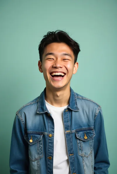 Young Asian Man Laughing Against Teal Background