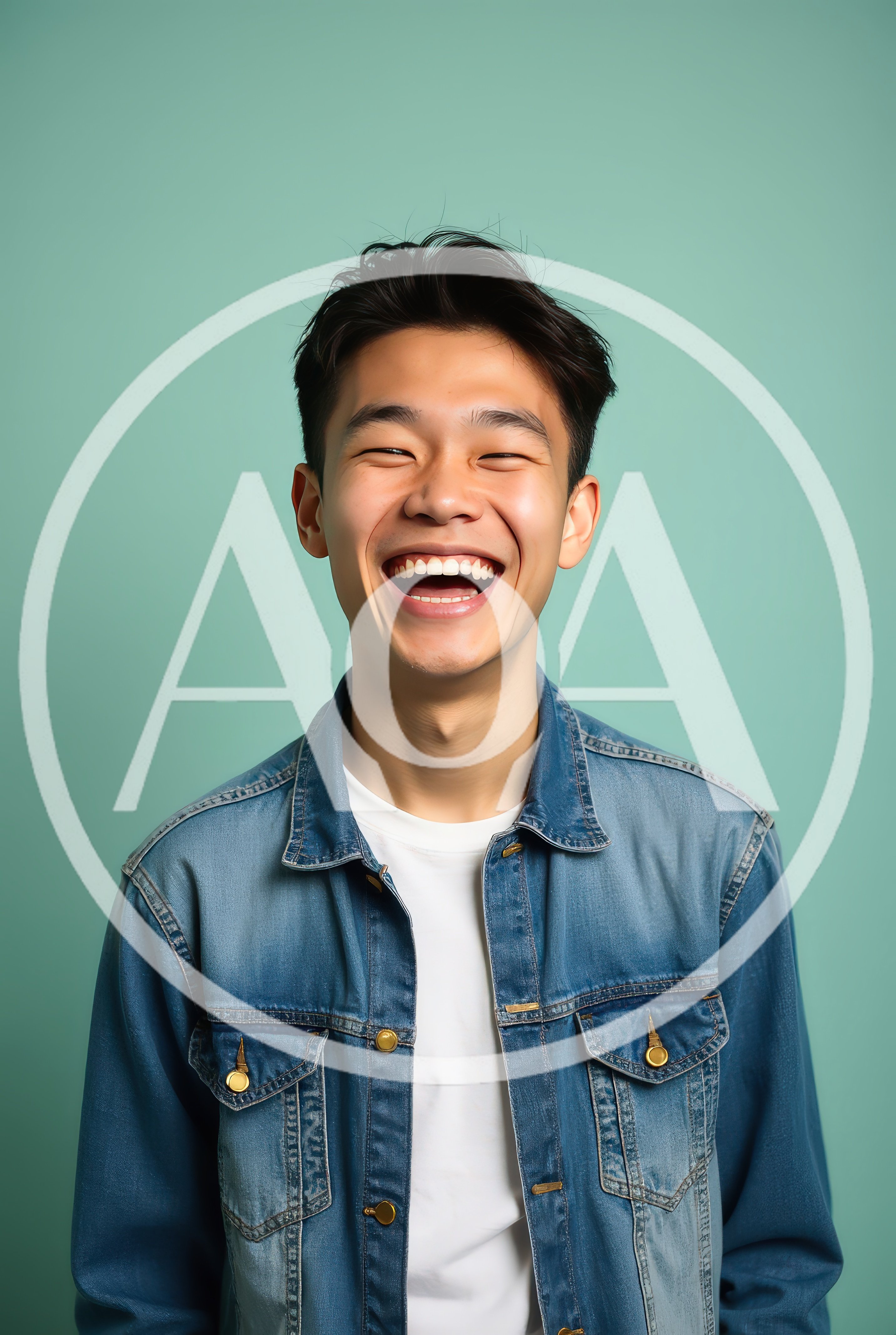 Young Asian Man Laughing Against Teal Background