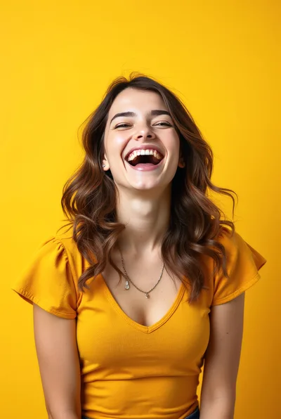 Young Woman Laughing Joyfully Against Yellow Background