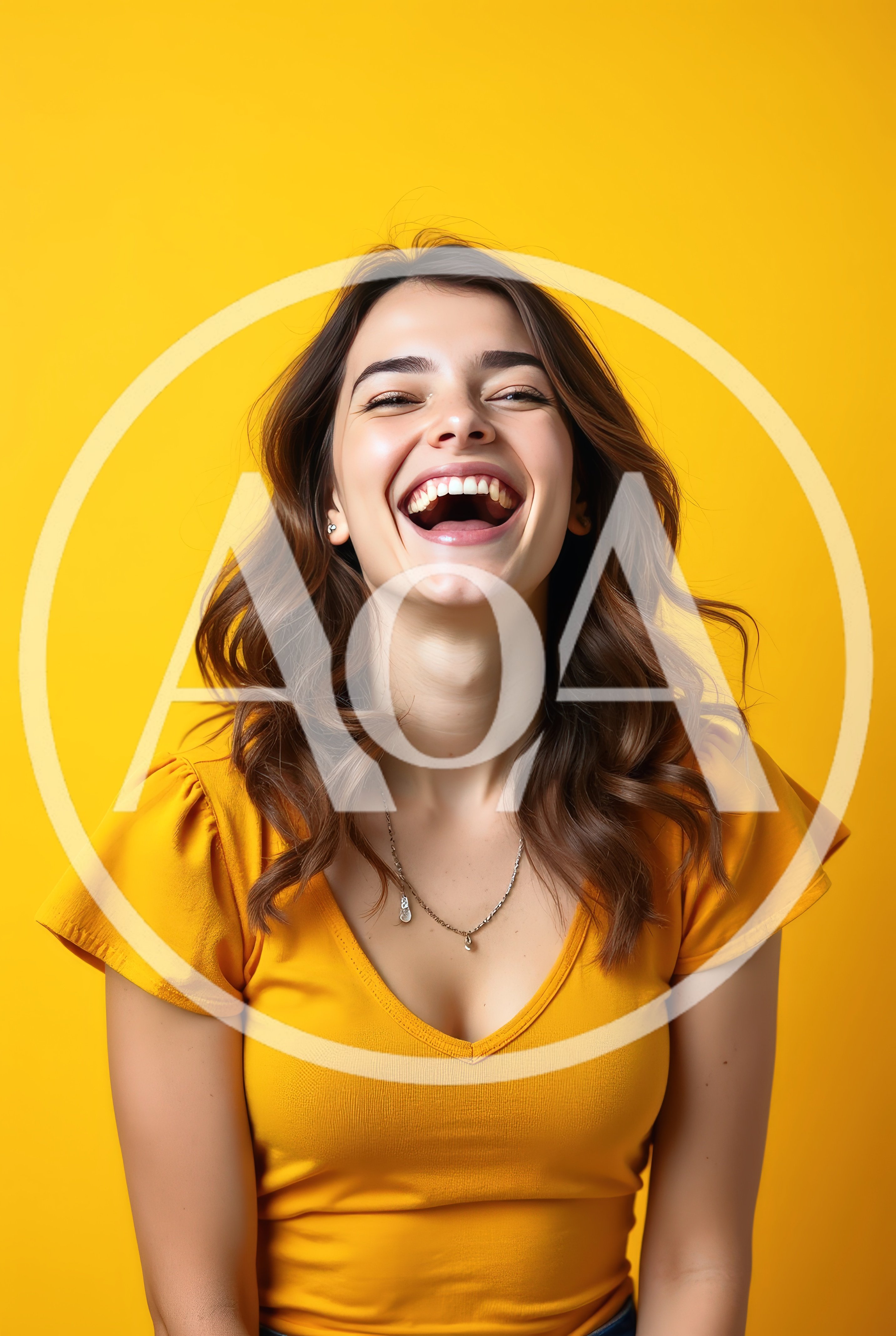 Young Woman Laughing Joyfully Against Yellow Background