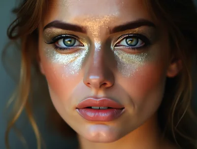 Close Up Portrait Of Woman With Gold Glitter Makeup