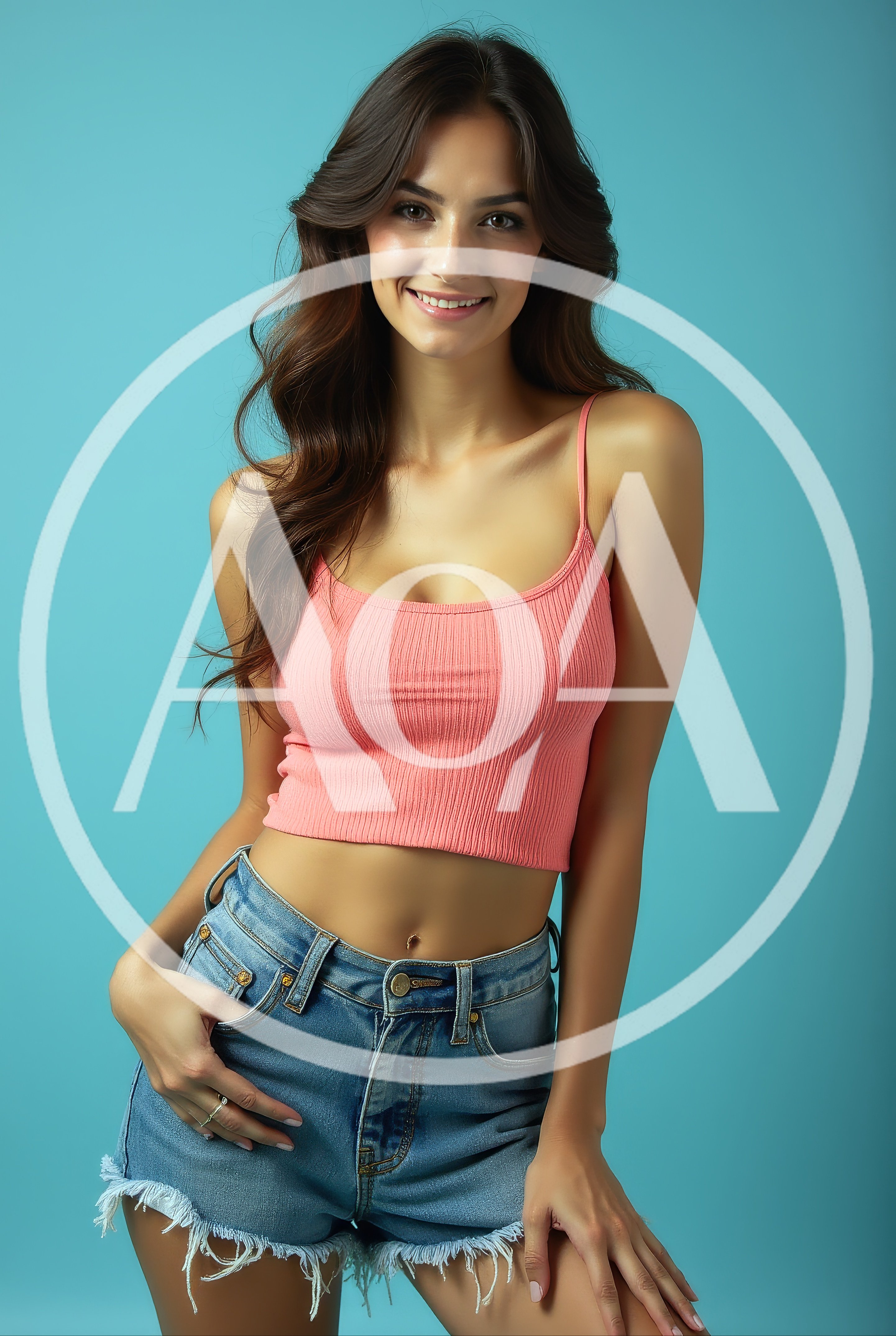 Young Woman Posing In Pink Crop Top And Denim Shorts
