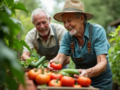 Senior Couple Harvesting Fresh Vegetables In A Garden