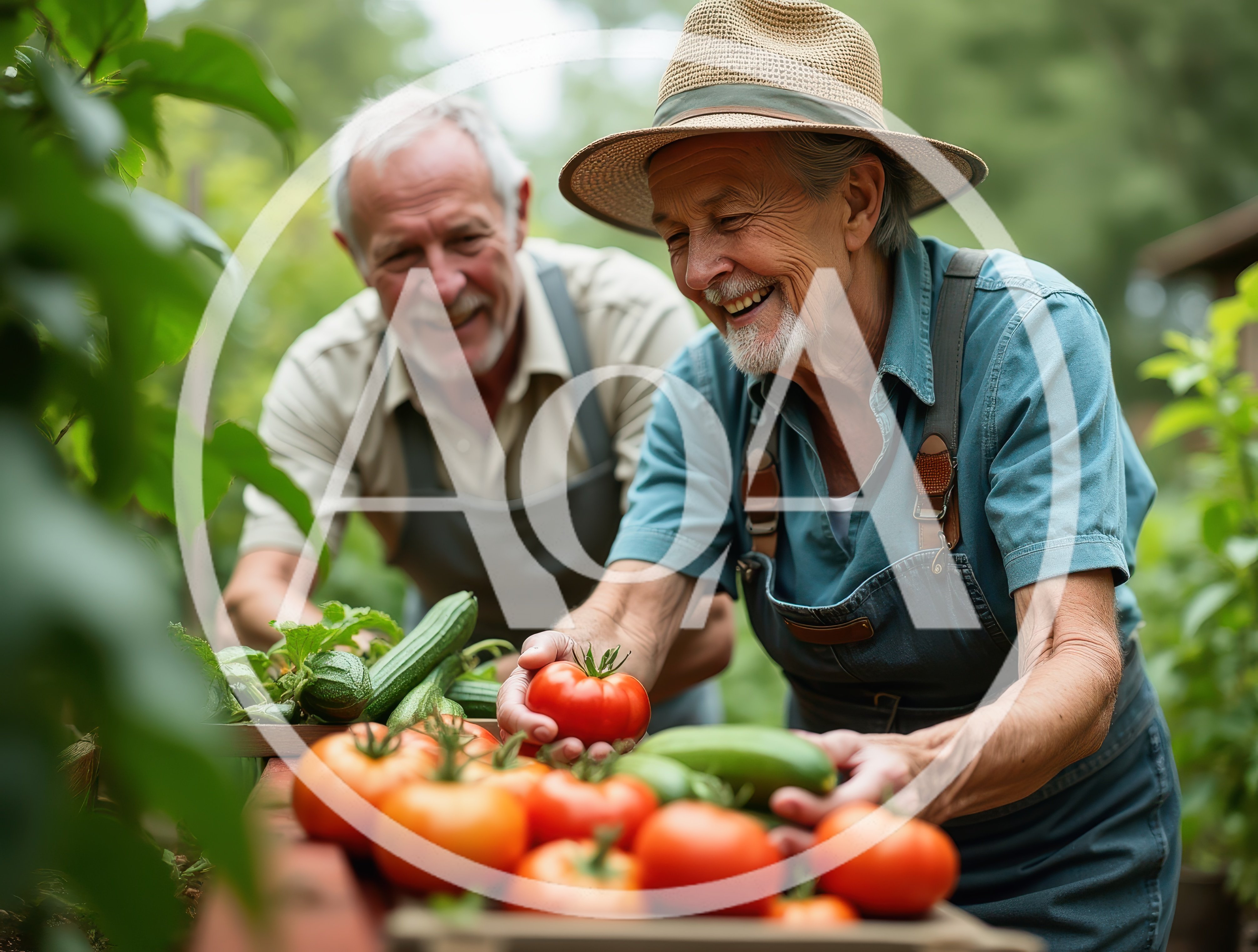 Senior Couple Harvesting Fresh Vegetables In A Garden