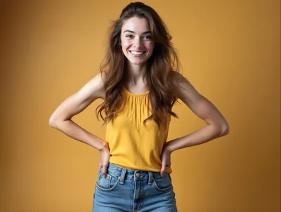 Smiling Young Woman Posing In Yellow Tank Top