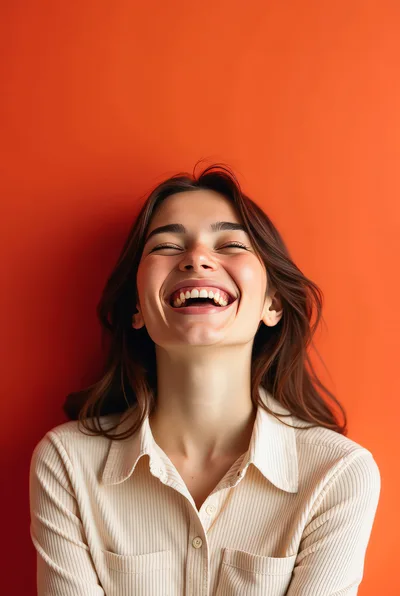 Happy Young Woman Laughing Against Orange Background