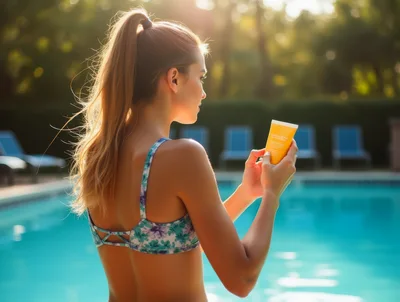 Young Woman Applying Sunscreen By A Swimming Pool