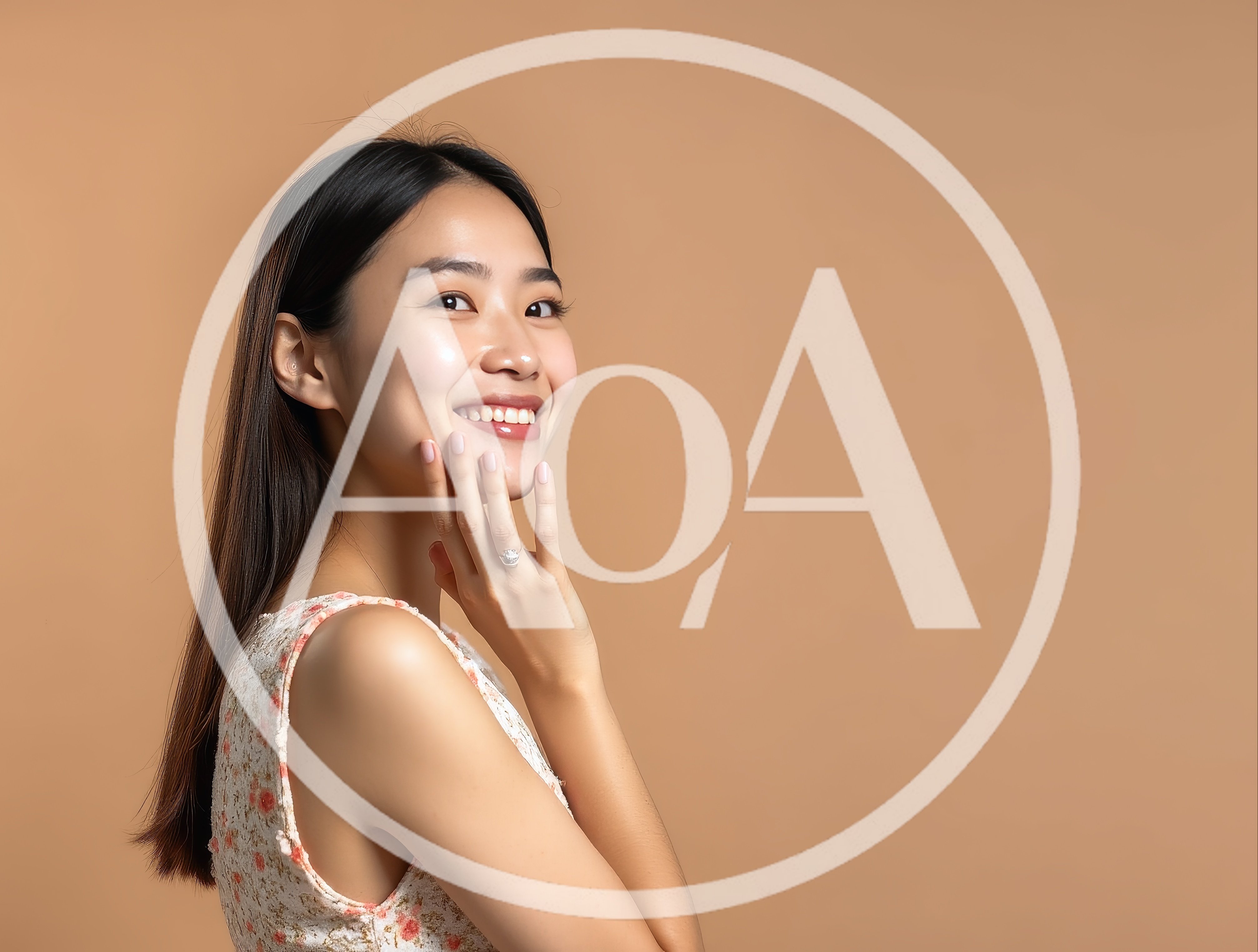 Smiling Young Asian Woman Touching Her Face