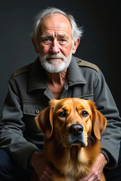 Elderly Man With His Golden Retriever Dog