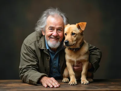 Senior Man Embracing His Golden Puppy