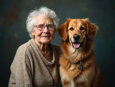 Elderly Woman Posing With Her Golden Retriever Dog