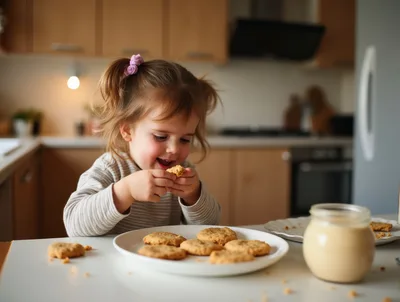 Toddler Girl Eating Cookies In A Kitchen