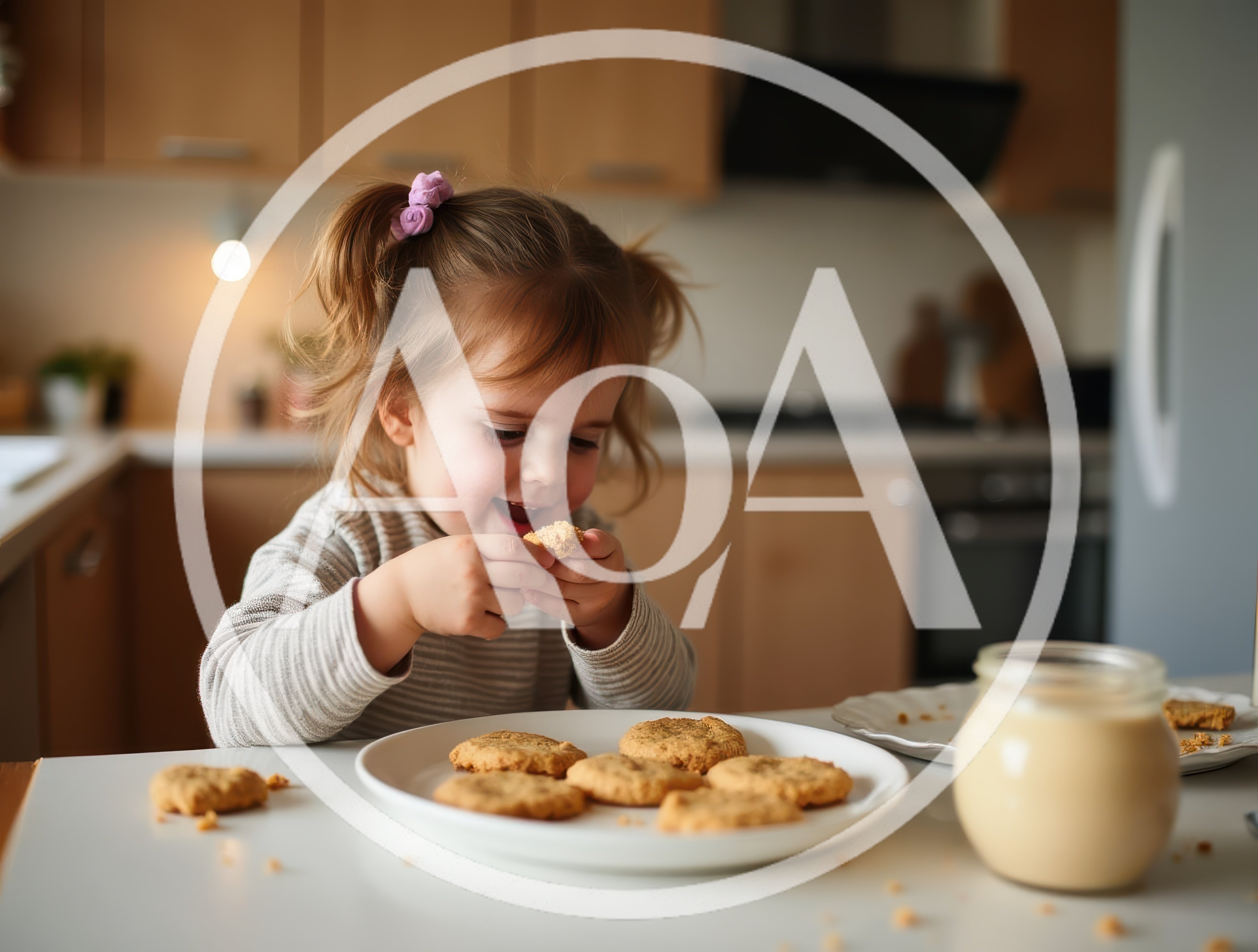 Toddler Girl Eating Cookies In A Kitchen